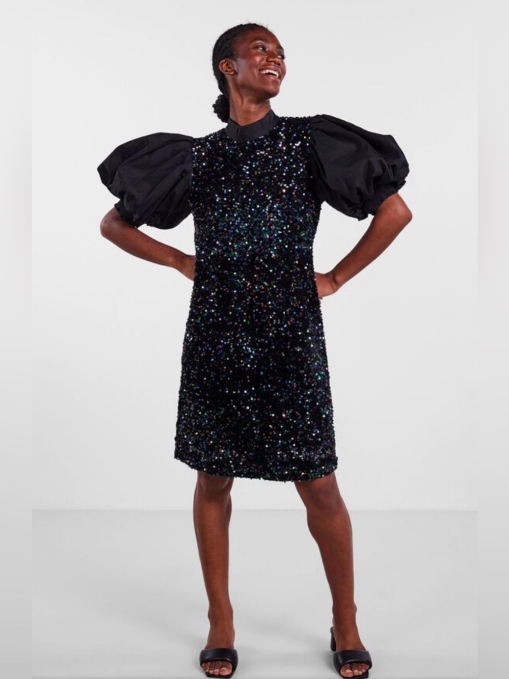 YAS Yaslillo Mini Dress Sequin Embellished Black NYE Party Balloon Sleeves Sz M